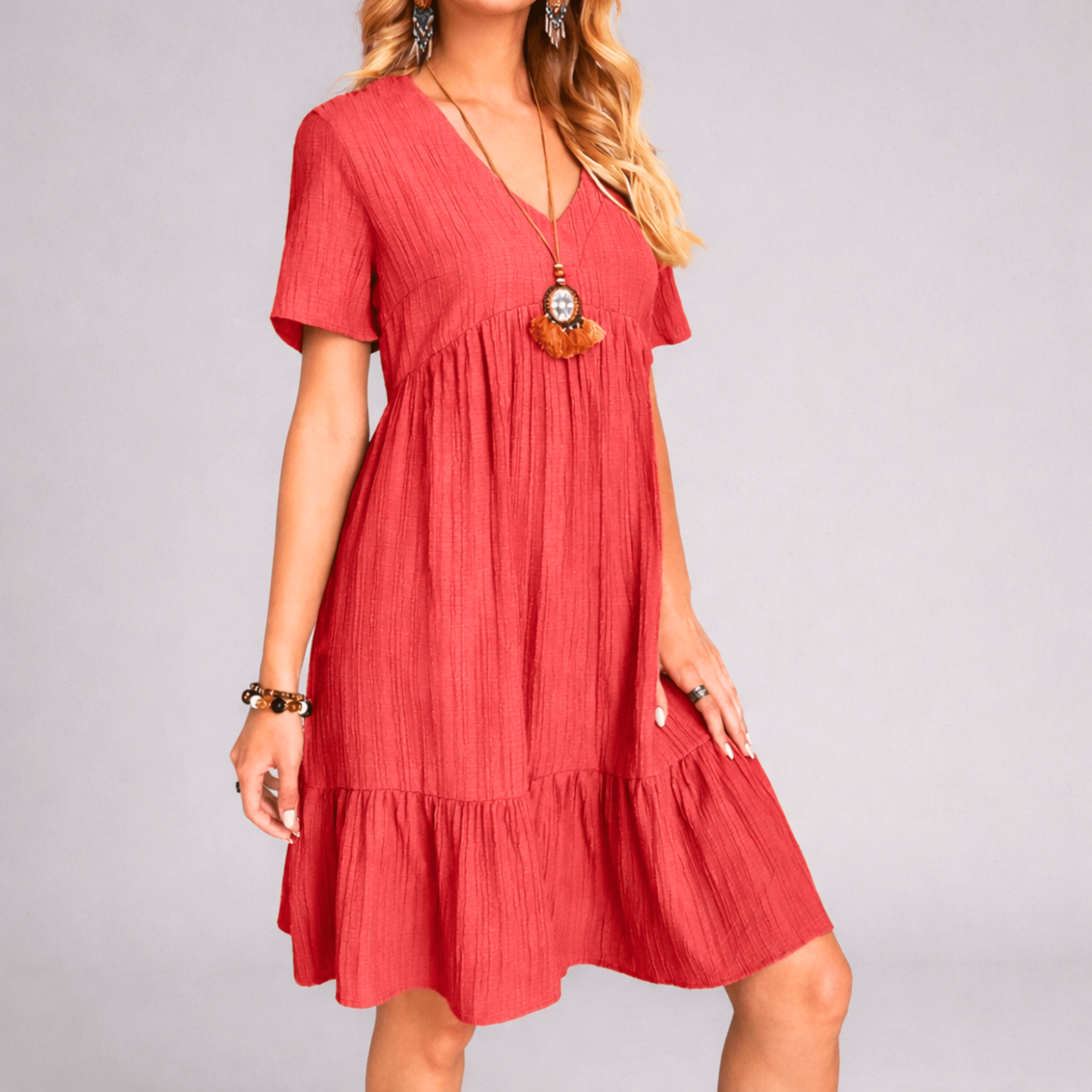 Women's V-Neck Tiered Ruffle Dress - Short Sleeve Crinkle Texture Mini Dress