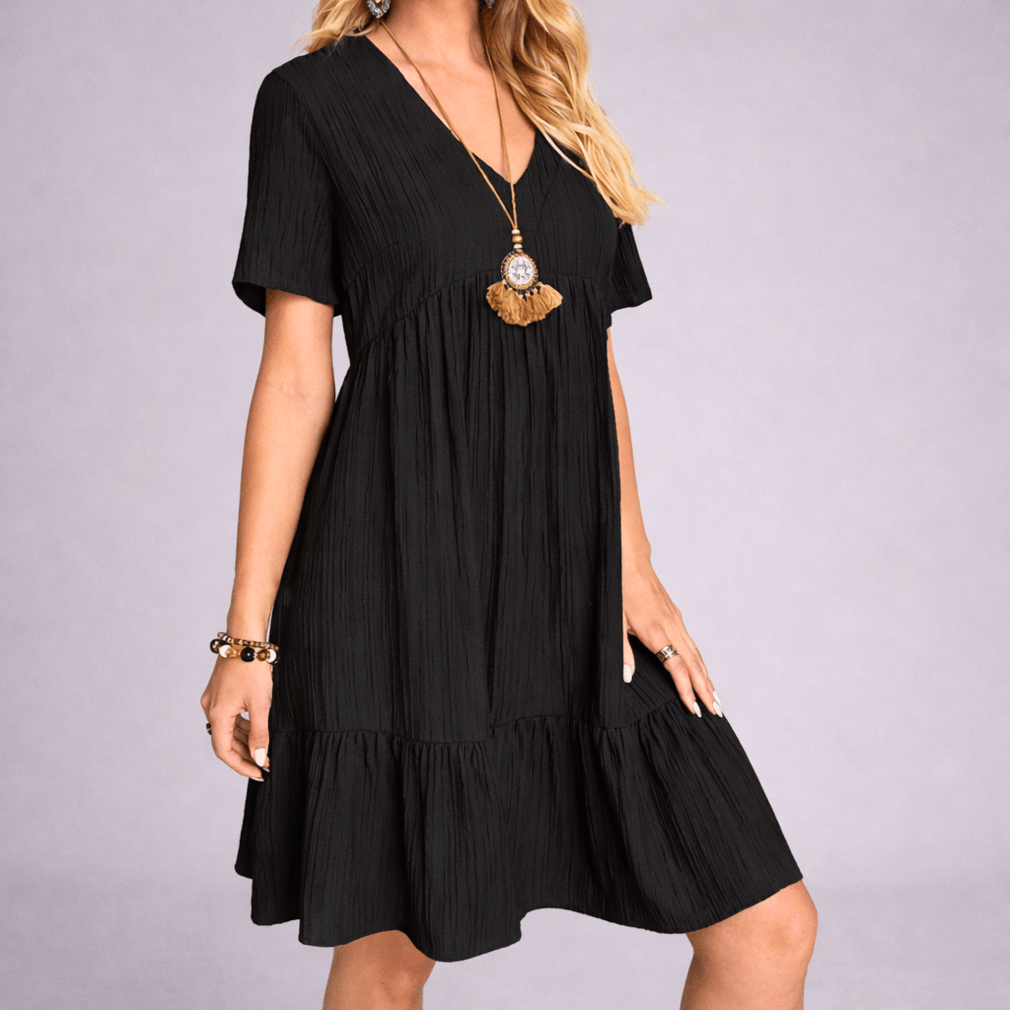Women's V-Neck Tiered Ruffle Dress - Short Sleeve Crinkle Texture Mini Dress