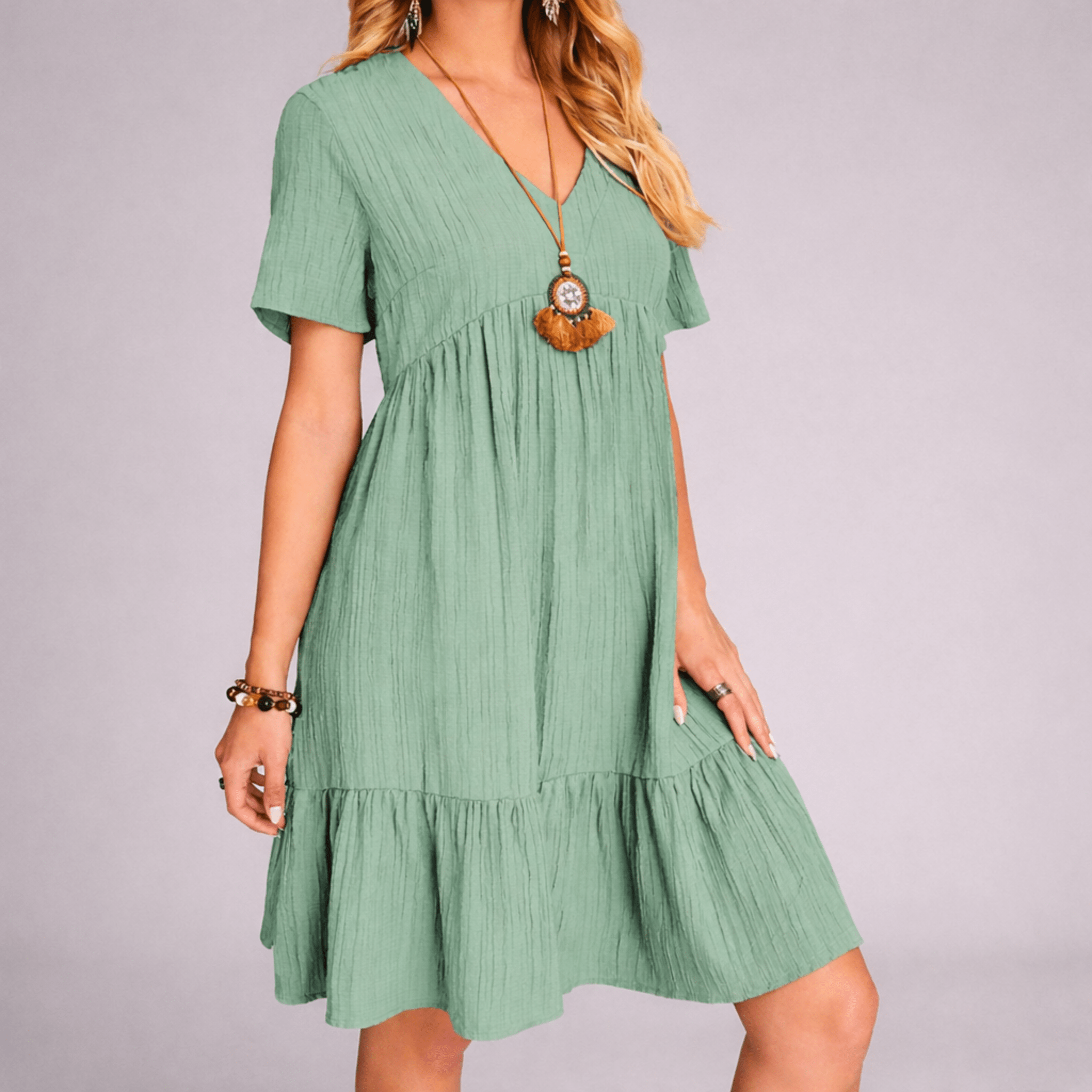 Women's V-Neck Tiered Ruffle Dress - Short Sleeve Crinkle Texture Mini Dress